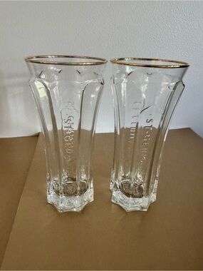 Pair of St-Germain Elderflower Liqueur octagonal highball glasses-gold-gilt rims